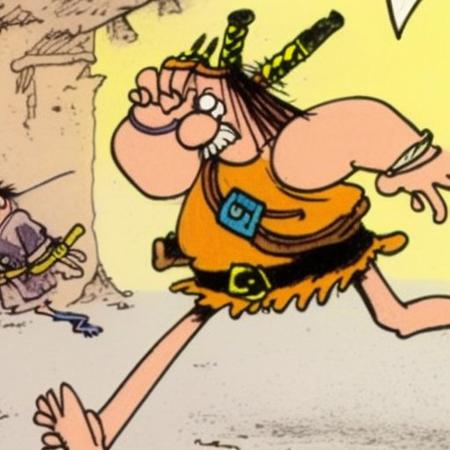 cartoon drawing of groo_the_wanderer,  swords drawn, running to a fight, by Sergio Aragons