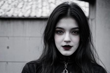 Teen brunnete nordic goth girl | tattoo | smile | dark | in dark room | Adult | On street | High quality | gothic makeup | realistic | informal