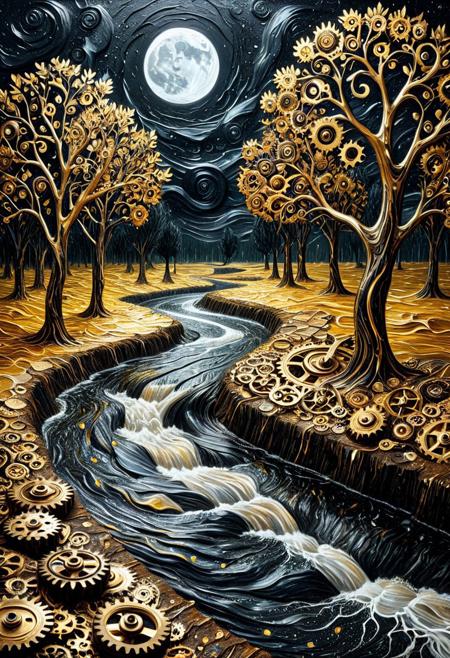 g3ars, 8k, Raw digital photo, natural lighting, surreal horror golden landscape in Van Gogh's swirling brushstrokes, twisted black night sky, river made of water drop, drops with distorted reflections of white crescent moon, made out of gears, twisted and screaming water drop trees, cracked ground, thick impasto oil textures, no people, oppressive atmosphere, post-impressionist nightmare, emotional intensity, 4K, detailed, full body, masterpiece, best quality, amazing quality, very aesthetic, made out of gears, professional, 4k, highly detailed, dark background, made out of gears