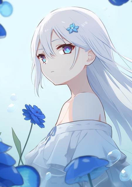 1girl, solo, flower, blue eyes, hair ornament, looking at viewer, long hair, bubble, bangs, blue flower, upper body, bare shoulders, white hair, hairclip, off shoulder, air bubble, off-shoulder dress, closed mouth, floating hair, ribbon, hair between eyes, from side, <lora:xinzoruo-05:1>