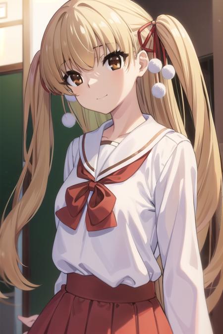 miutakanashi, <lora:miu takanashi s1-lora-nochekaiser:1>,
miu takanashi, long hair, blonde hair, ribbon, twintails, (brown eyes:1.5), hair ribbon, two side up, smile,
BREAK skirt, long sleeves, school uniform, serafuku, white sailor collar, (red skirt:1.2), (white shirt:1.2),
BREAK indoors, classroom,
BREAK looking at viewer, (cowboy shot:1.5),
BREAK <lyco:GoodHands-beta2:1>, (masterpiece:1.2), best quality, high resolution, unity 8k wallpaper, (illustration:0.8), (beautiful detailed eyes:1.6), extremely detailed face, perfect lighting, extremely detailed CG, (perfect hands, perfect anatomy),