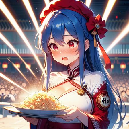 chūka ichiban glowing chinese cuisine laser beam shoots from center in all directions holding plate beret hat qipao china palace square table countless crowd