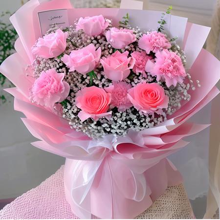 bouquet,pink dianthus carnation,white gypsophila paniculata,pink rose,pink packing, <lora:BouquetLatin_V13:1>