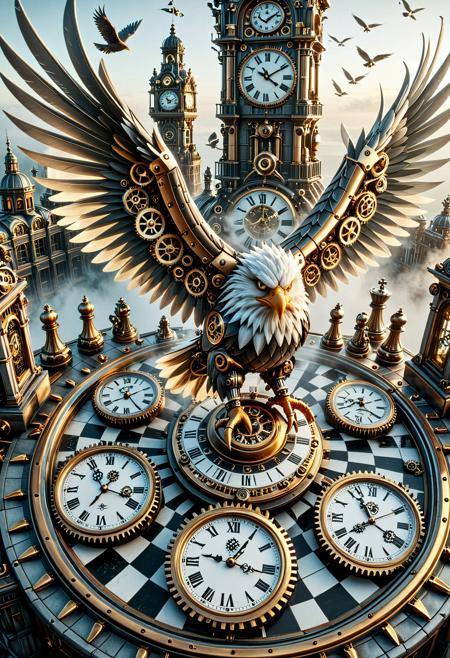 g3ars, made out of gears SDXLposXL, digital art, steampunk clock sculpture, top-down view, medium shot, high vantage height, intricate clockwork mechanisms, chess pieces, black and white checkerboard floor, ornate clock faces, gears, metal textures, bird in flight, eagle, clock tower in background, foggy atmosphere, soft lighting, blurred background, detailed foreground, realistic style, surreal elements, mechanical design, clock hands visible, clock hands pointing different directions, clock hands partially obscured, clock hands detailed, bird wings outstretched, bird mid-flight, clock tower detailed, checkerboard floor pattern, clock tower architecture, clock tower centered, clock tower slightly blurred, eagle on left side, clock faces on front and right side, clock hands overlapping, gears visible, intricate metalwork, chess pieces scattered, clock tower in center background, foggy ambiance, soft shadows, realistic textures, steampunk aesthetic, intricate details, clock tower symmetrical, clock tower ornate, eagle wings spread, eagle mid-flight, eagle detailed, bird's-eye view, perspective from above, detailed textures, realistic shadows, soft focus background, detailed foreground