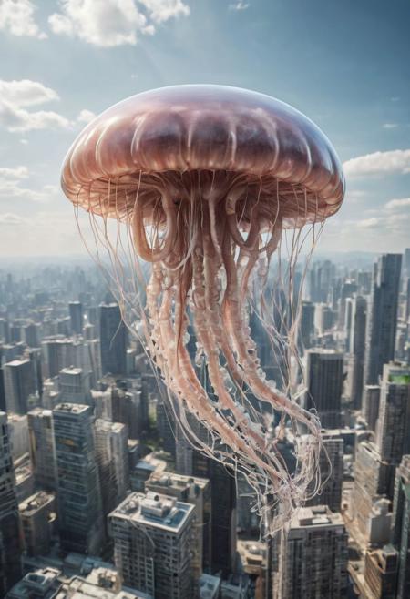 A gigantic jellyfish with translucent skin and glowing tendrils, towering malevolently over a bustling metropolis. tendrils spread wide, intertwinded with skyscrapers. in the distance, from a long way away, tiltshift photography.
Hyper-realistic, 16k resolution, intricate details.
(masterpiece, award winning artwork)
many details, extreme detailed, full of details,
Wide range of colors, high Dynamic,  ral-porcelain