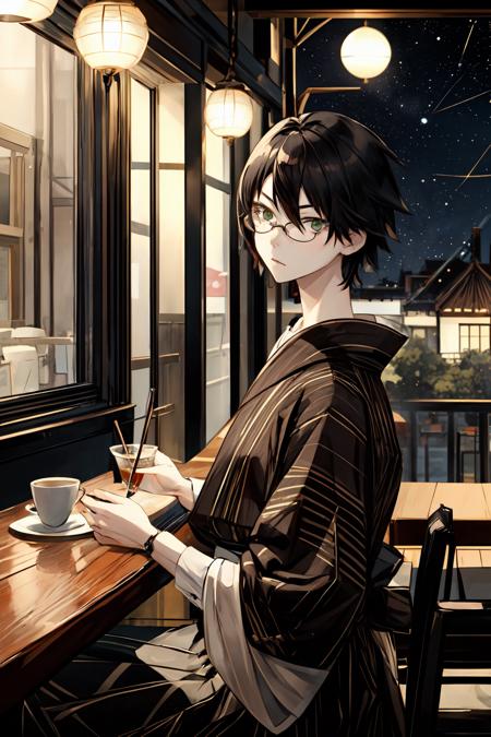 (masterpiece:1.2), ultra detailed,<lora:ItoshikiNozomu:0.8>, Itoshiki, glasses, green eyes, kimono, hakama,  sitting in a cafe, (cafe shop), looking out of window, beautiful face, beautiful moonlight, ((night)), best quality, ((night)), <lora:Adddetail:0.7>, looking at the viewer