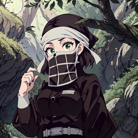 <lora:Kakushi_Girl-10:1>outdoor,forest,high quality,Masterpeace,Kakushi_Girl, 1girl, solo, black hair, green eyes, belt, mask, white belt, demon slayer uniform,bandana,short hair