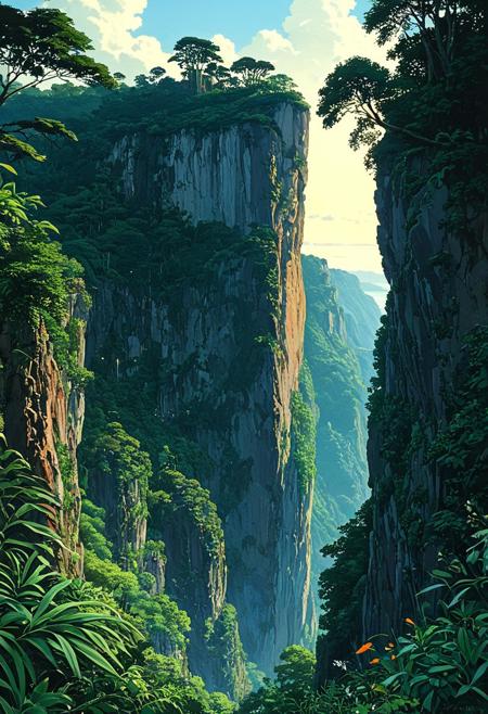 (studio ghibli painting),best quality, masterpiece, extremely detailed,  professional  art,  professional painting, an extremely delicate and beautiful, dynamic,  great lighting, perfect shading, professional shading, depth of field,   side soft light, elegant, gorgeous, highly detailed,   full shot, uncropped,   pure genious, absolutely perfect,  highly detailed, breathtaking,  a gigantic and sheer cliff is towering over an dense and vibrant jungle, there is a base build into the cliff