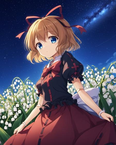 medicine melancholy,1girl, lily_of_the_valley, solo, doll_joints, hair_ribbon, night, star_\(sky\), short_sleeves, puffy_sleeves, skirt, starry_sky, bow, dress, shirt
<lora:medicine_melancholy_image1544_2023-12-14-000014:1>,star-shaped_pupils,symbol-shaped_pupils,. gorgeous,key visual, vibrant, studio anime,award-winning, professional, highly detailed,high budget, cinemascope