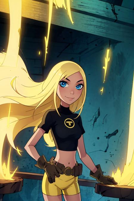 Terra, 1girl, solo, long hair, blonde hair, blue eyes, black shirt, gloves, yellow shorts, midriff, belt,