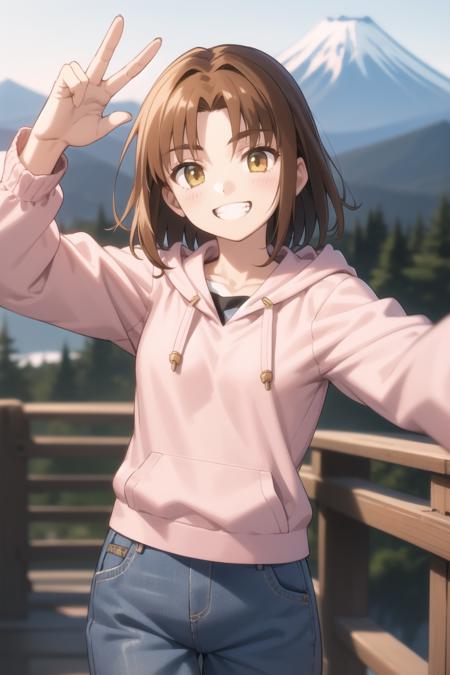 <lora:mitsuzuri-000016:1> mitsuzuri, hoodie, pink hoodie, jeans,
1girl, solo, mount fuji, grin, v, selfie