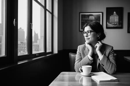 raw photo of a  classic New York café, capturing a poignant moment of introspection. A middle-aged character, an archetype of intellectual curiosity, is seated alone at a small table in a dimly lit corner, dressed in a tweed jacket and glasses, with an expression of wistful introspection and a subtle smile. The table holds a well-worn novel, a notepad with scribbled musings, and an untouched cup of coffee. Ambient sounds of soft conversations and distant jazz set a reflective mood. The walls are adorned with black-and-white photos of old New York, and the window reveals a blur of city lights and shadows, symbolizing isolation amidst the urban expanse. This scene invites viewers into a moment of quiet reflection, resonating with the quest for meaning and personal truth in life's complex tapestry
