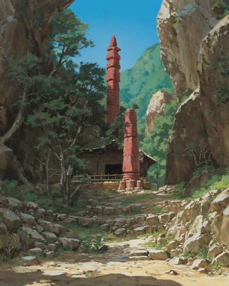 There is an old temple in a valley filled with smoket <lora:P_GHIBLI_V3:1>