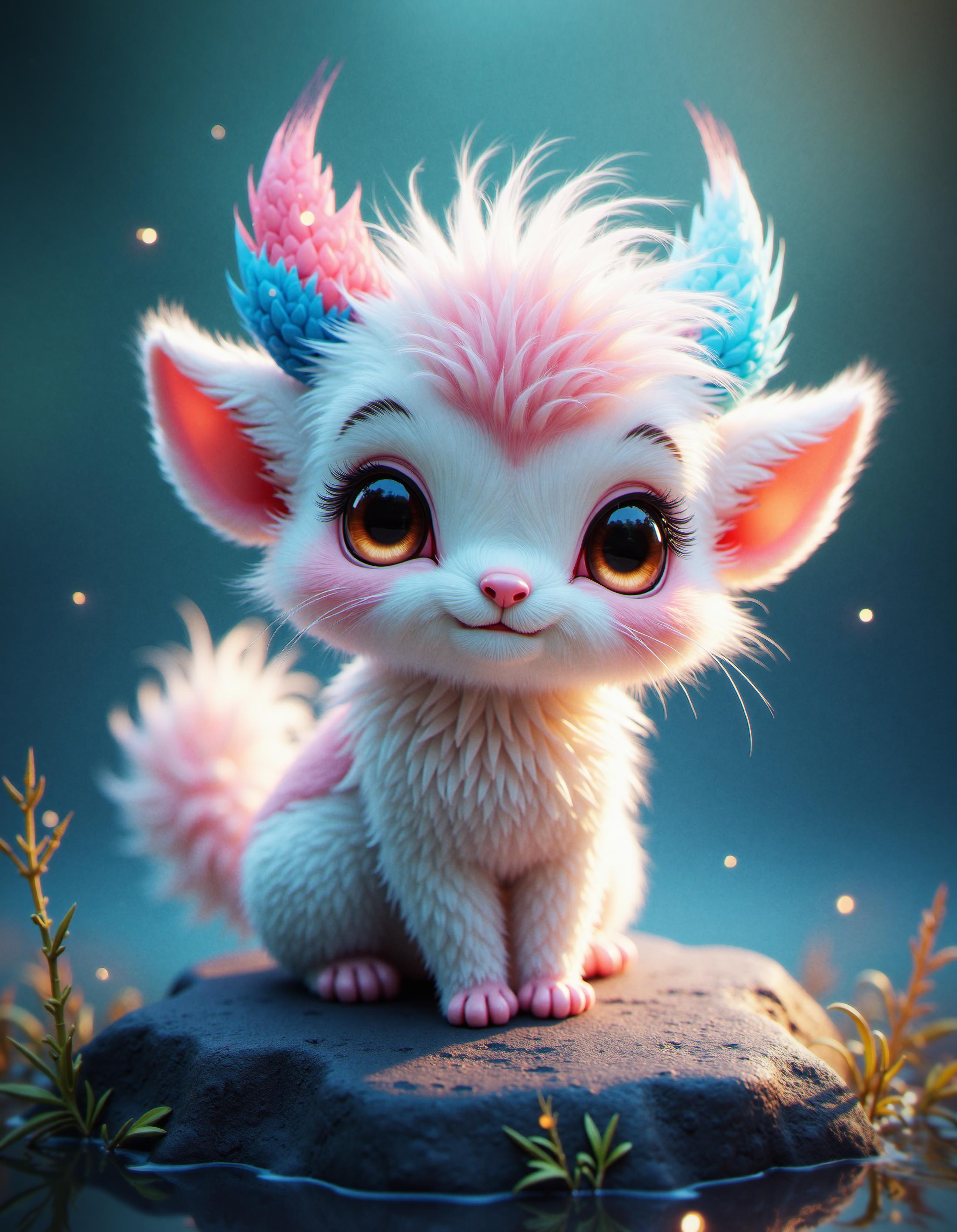 hyper-detailed, Cute fantasy character illustration, close-up of an adorably fluffy creature with oversized, expressive brown eyes, its fur is a mix of soft white and pastel pink, with vibrant blue and pink feathers sticking out playfully from its back, the creature is sitting on a rock, bathed in soft, magical lighting that highlights its gentle fur texture, the background is a dreamy, blurred teal and dark blue, with tiny glowing particles floating around, the overall mood is whimsical and enchanting, evoking a sense of innocence and wonder.