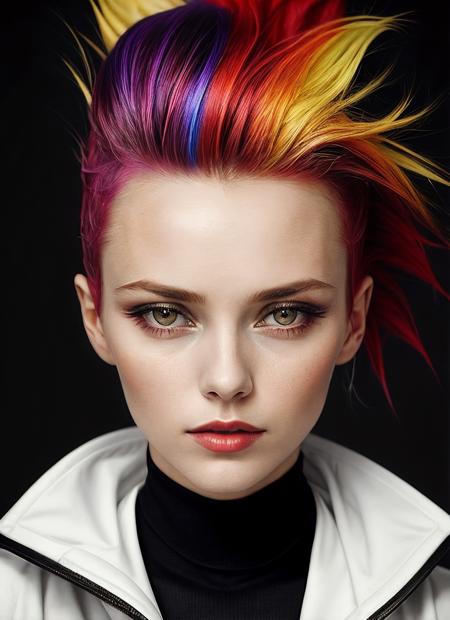 portrait of sks woman by Flora Borsi, style by Flora Borsi, bold, bright colours, rainbow Mohawk haircut, ((Flora Borsi)), <lora:locon_vanessaparadis_v1_from_v1_64_32:1>