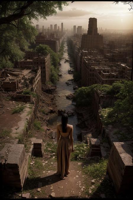 fantasy, surrealistic, (sepia photography:1.5), a young woman in a torn drab party dress is standing inside the (ancient:1.4 ruins of new york city:1.2),  (piles of human skulls and bones litering the scene:1.0), (all around a beautiful idealic scene, a river running through the view, clear sky, lush forest in the distance:1.1), flock of flying birds,  quiet dangerous beauty
by annie lieberwitcz