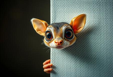 A whimsical creature peeks into the right side of a vertical canvas, its large, curious eyes staring directly into the frame as if observing the viewer. The frame itself appears to bend slightly, reacting to the creatureâs playful presence, creating the illusion that itâs part of the scene, Vibrant Glow