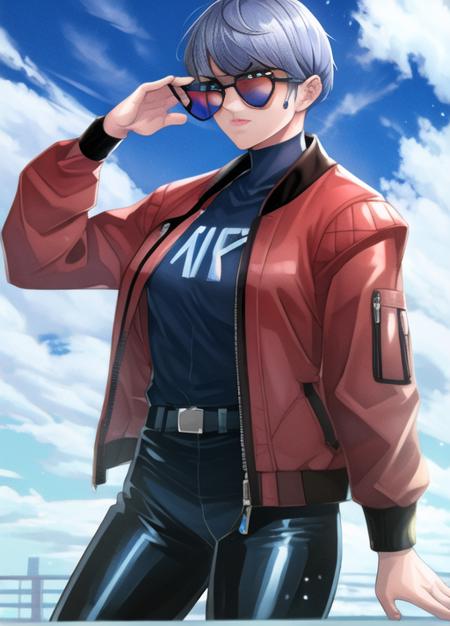 masterpiece, best quality, valkyrie (apex legends), cowboy shot, 1girl, solo, toned, blue sky, cloud, semi futuristic city, red jacket, black pants, sunglasses,