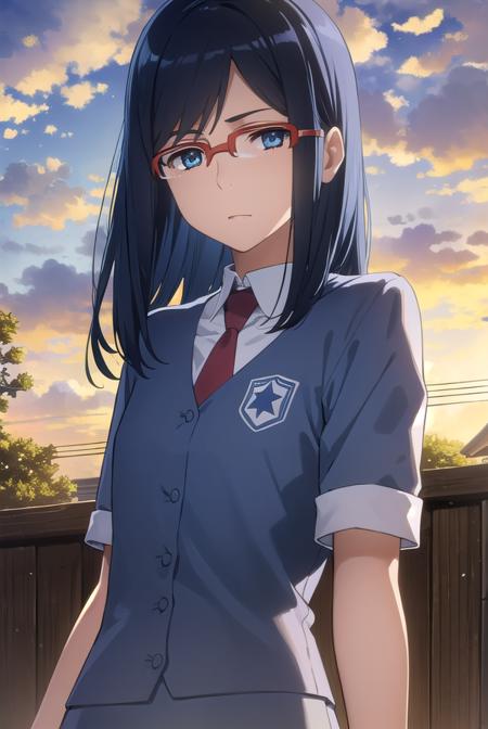 chirikotsurumi, <lora:chiriko tsurumi s1-lora-nochekaiser:1>,
chiriko tsurumi, long hair, blue eyes, blue hair, glasses, red-framed eyewear,
BREAK school uniform, necktie, watch, wristwatch,
BREAK outdoors, house, fields, grass, sky, sun, clouds,
BREAK looking at viewer, (cowboy shot:1.5),
BREAK <lyco:GoodHands-beta2:1>, (masterpiece:1.2), best quality, high resolution, unity 8k wallpaper, (illustration:0.8), (beautiful detailed eyes:1.6), extremely detailed face, perfect lighting, extremely detailed CG, (perfect hands, perfect anatomy),