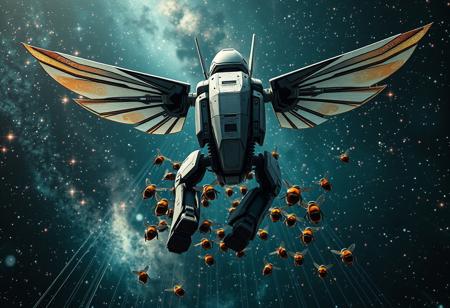 Create a highly detailed, 8k resolution digital painting of a flying robot in a space galaxy environment. The robot should be centered in the frame, with a full-body rear-shot perspective. It should have boots and be accompanied by a crimson-black bee army flying behind it. Include tracing star trails and a glaive in the scene. The style should be cyberpunk, with a focus on sharp focus and lifelike details. Incorporate elements of rust and android design. The image should be created using Unreal Engine 5 and Cinema 4D, with a smooth and sharp focus. The desired aesthetic is reminiscent of the work of Artgerm, Greg Rutkowski, Alphonse Mucha, and Loish. Ensure the image is of high quality, with no blur or depth of field effects.