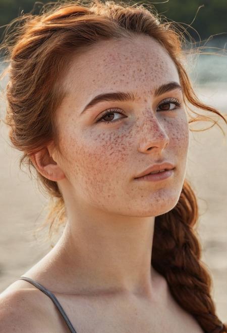 A beautiful photo of a beautiful 20 years old Dutch woman, full body, sideview, incredibly pretty narrow nose, fit, highly detailed face, highly detailed skin, freckles, brown hair, red hair, big hair, medium hair, 70's style hair, ponytail, brown eyes, perfect eyes, detailed eyes, detailed pupils, happy, slightly smiling, black bikini, on the beach, soft light of the sunset, soft natural light, hyperrealism, sharp focus, (masterpiece, best quality, ultra high res:1.2), (photo-realistic:1.3)