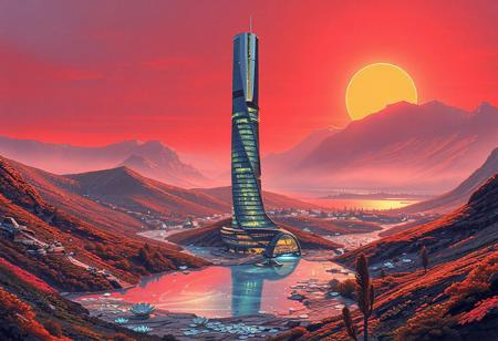 Planet Xylophia-IV, a stunning celestial body known for its breathtaking landscapes, making it an attractive destination for human colonization and terraforming efforts in the late 22nd century.
Soft, serene sky with reds and oranges
A tranquil, crystal-clear  ice lake reflects the aurora's ethereal dance, its surface dotted with lotus-like, bioluminescent flora that pulse in harmony with the planet's natural energy; undulating, emerald-green hills rise gently, covered in a lush, alien vegetation that shimmers with a subtle, rainbow hue; the rugged, ruby mountain range stretches across the horizon, its peaks hiding ancient, alien ruins and mysterious energy sources.
The center object is a majestic, spiral-shaped skyscraper, that pierces the sky, its surface adorned with a latticework of neon-lit, retro-futuristic accents; the spire serves as New Eden's heart, housing the colony's administration, a renowned intergalactic research center, and a luxurious, zero-gravity hotel.
As the dual suns dip below the horizon, New Eden transforms with a warm, golden lighting scheme, accentuating the retro-futuristic elements and casting a magical glow across the landscape.
Panoramic shot from a elevated vantage point, capturing the entirety of New Eden, the lake, and the majestic distant mountain ridge.