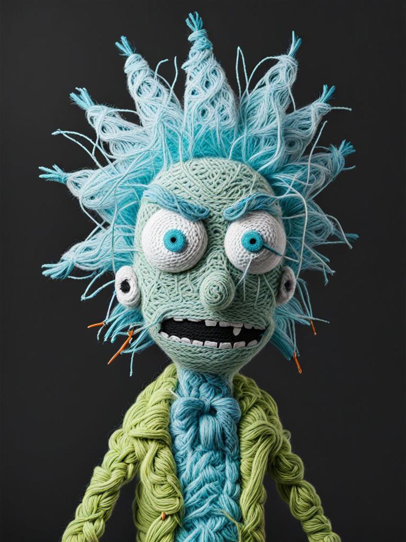A handmade yarn sculpture of a character from "Rick and Morty" with a green sweater.