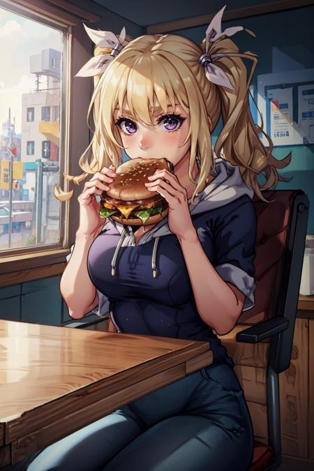 masterpiece, best quality, arimura hinae, purple eyes, hair ribbons, blue hoodie, jeans, sitting, eating, holding a giant burger with both hands, table, chair <lora:arimurahinae-nvwls-v1-000010:0.9> <lora:borger-nvwls-ver-2:0.7>