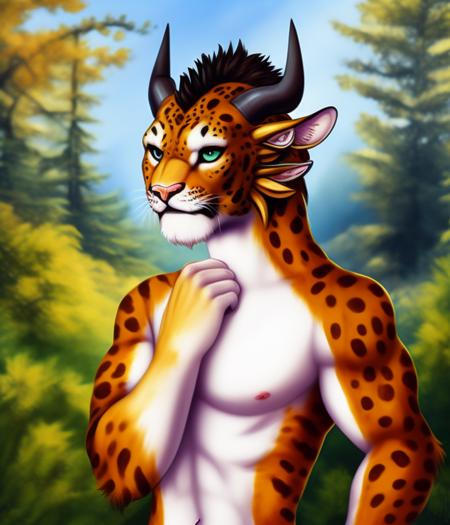 A sharp focus half-length portrait pretty soft shading watercolor lined digital artwork muscular stocky pantherine felid female charr furred nude featureless breasts looking at viewer standing forest background