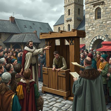 A medieval town square with a wooden stocks at the center, a nobleman in fine robes pointing at a poor farmer locked inside. A crowd of mixed social classes watches—some jeering, others looking uneasy. A scribe records the punishment on parchment, while a priest stands nearby with a disapproving expression. The background features a stone church and market stalls, with a gloomy, overcast sky