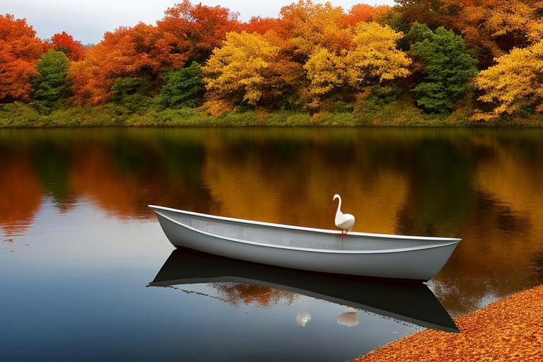 a silver boat in the shape of a swan floats on an autumn forest lake, the surface of the lake is strewn with amber leaves