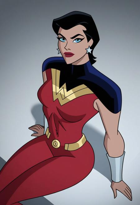 sitting, from above, score_9, score_8_up, score_7_up, score_6_up, BREAK DC_JLU_WonderWoman_JusticeLords_ownwaifu, 
1girl, blue eyes, jewelry, black hair, short hair, breasts, lipstick, makeup, red lips, star (symbol), belt, bracer, red bodysuit, wristband, star earrings, toned,