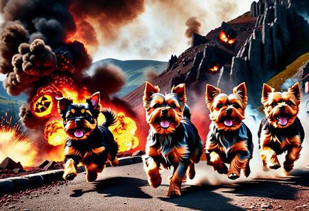 A ultra realistic octane render unreal engine ultra HD 3D illustration depicting an evil and demonic ominous crowd of aggressive Yorkshire Terriers runs, fire and explosions nearby, smoke, dust, red glowing eyes, mountainside in background, 64K ultra-detailed