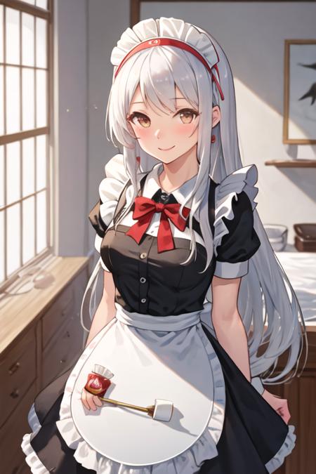 best quality, masterpiece, highres, solo, {maid:1.40}, {long maid dress:1.15}, {shoukaku_kantaicollection:1.15}, long_hair, hairband, white_hair, brown_eyes, smile, headband, blush, muneate