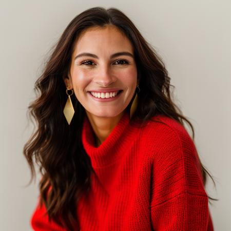 Realistic photo of a beautiful jul14r-v2 woman,  1girl, solo, long hair, looking at viewer, smile, simple background, brown hair, long sleeves, white background, brown eyes, jewelry, upper body, earrings, teeth, grin, sweater, lips, realistic, red sweater, hand on own shoulder, soft lighting, professional Photography, Photorealistic, detailed, RAW, analog, sharp focus, 8k, HD, DSLR, high quality, Fujifilm XT3, film grain, award winning, masterpiece<lora:jul14r-v2:1.0>