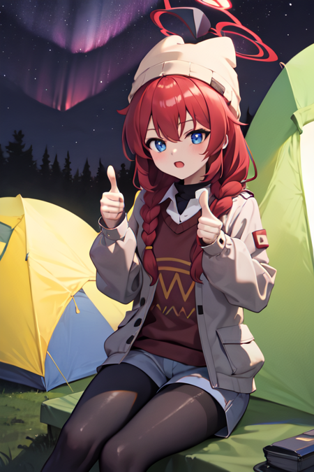 camp maki, twin braids, beanie, jacket, sweater, collared shirt, shorts, pantyhose, halo