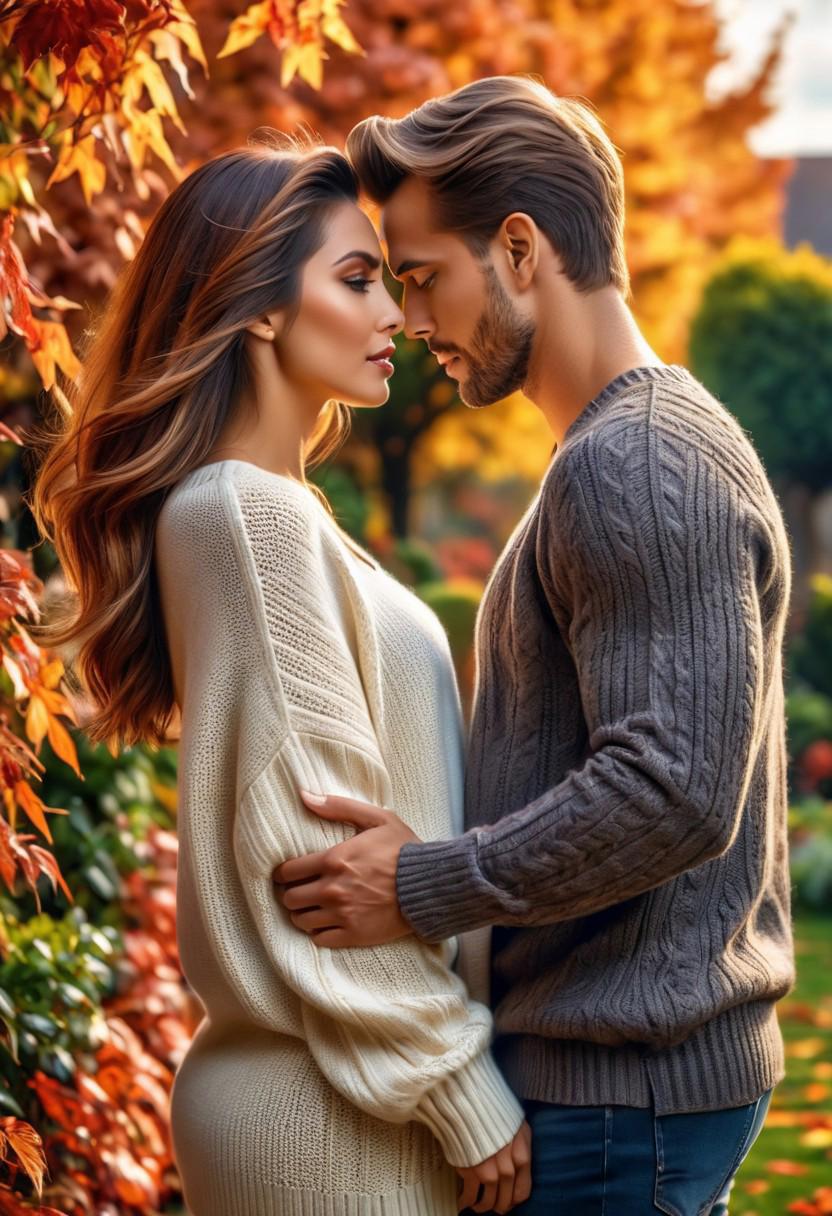 photo of        -10000 beautiful couple in love , hair,seductive   ,garden, Autumn,   long sweater   ,    , masterpiece) (best quality) (detailed) (8k) (HDR) (wallpaper) (cinematic lighting) (sharp focus) (intricate)