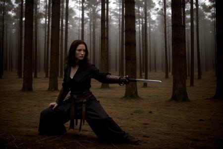 Horror-themed, wide angle, <lora:samurai style SD1.5:1.2>an epic cinematic photo of  (opt-chylerleigh2000s<lora:opt-chylerleigh2000s:1>brown hair, brown eyes) in a legendary armor with perfect hands female samurai style, battle ready stance, Eerie, unsettling, dark, spooky, suspenseful, grim, highly detailed, mystical forest,