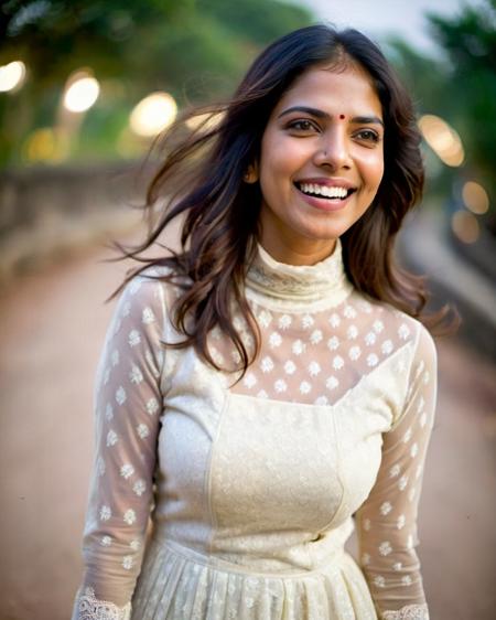 ultrarealistic portrait soft focus photo of a 30-year-old woman, malavika mohanan, outdoors, laughing, covered chest, lacy turtleneck kurta, Fisheye-shot camera angle, looking looking at camera, night time, beautiful bokeh, film grain <lora:Malavika_Mohanan_SDXL_LoRA:0.8>