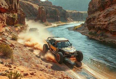 A high quality photo taken on the bottom of a beautiful canyon. a winding river runs in the center and sparse vegetation grow on the cliff wall sides. dust in the air, beautiful, artistic, serene, detailed, slightly cluttered environment. 
Two dune buggies are racing each other in the river, kicking up water and smoke behind them. action. intense.
focus on the first buggy. the drivers are wearing motorbike helmets.
High detail, 4k, super realistic, real photo, golden hour, shot on Canon, camera, orange dreamy lighting, vibrant colors, zoomed out, god rays