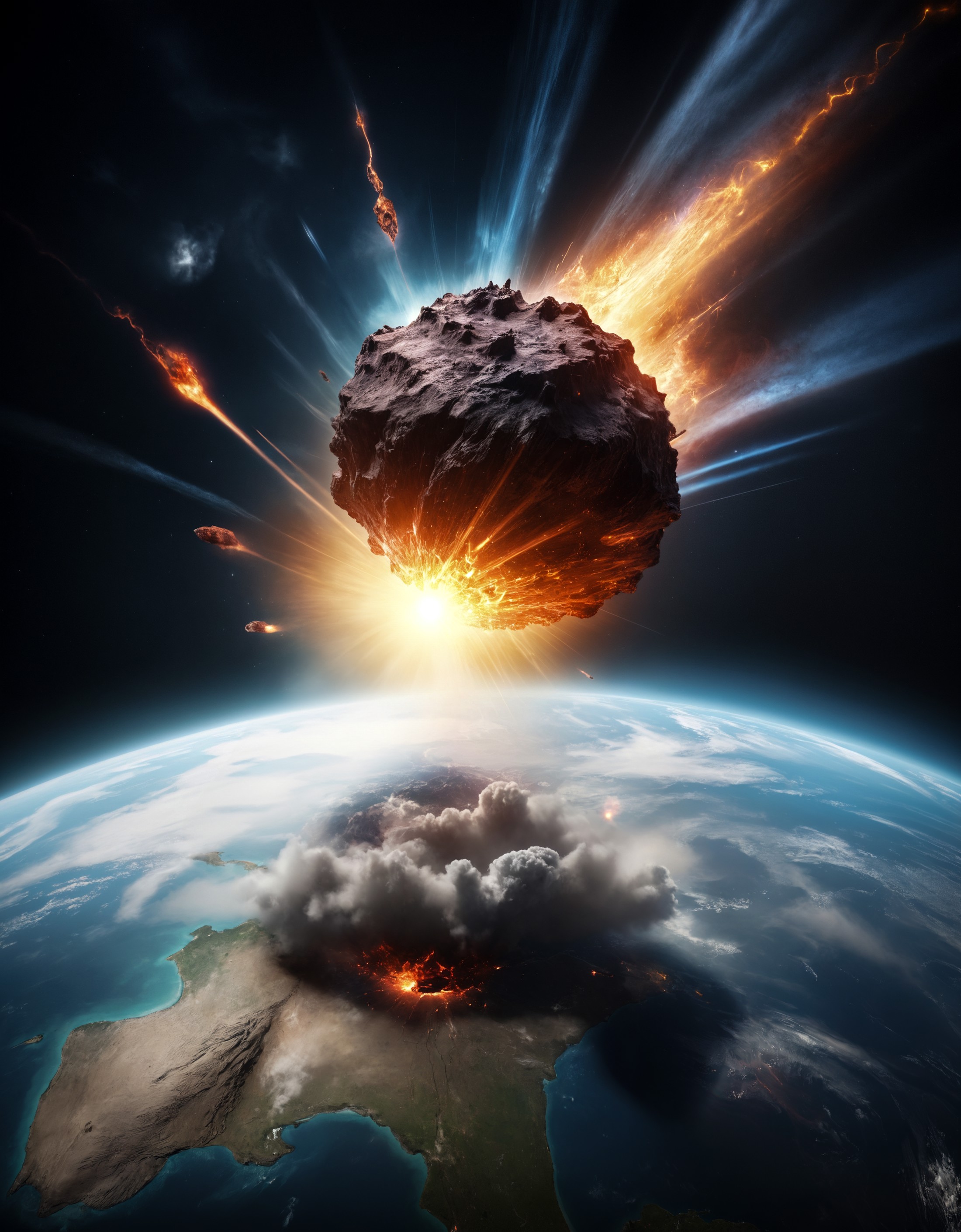 hyperrealistic mixed media image of unimaginable incomprehensible meteor slamming into the earth releasing cosmic energy, ...