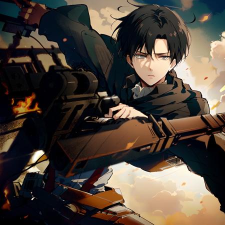 1man,<lora:Levi Ackermann:0.9>,highly detailed,high res, (Levi Ackermann),attack on titan,black hair,solo, outside, detailed eyes, full face, ruins,flames,black smoke,(three-dimensional_maneuver_gear),(blurred_background)