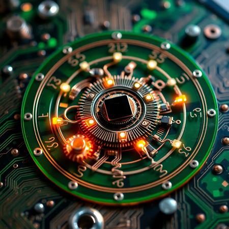 An ancient Greek Antikythera Mechanism reimagined as a futuristic circuit board. Translucent green PCB layers replace the bronze gears; delicate copper traces snake around miniature surface-mount chips and glowing LED indicators that form zodiac symbols. Hyper-realistic macro close-up, ultra-detailed, intricate fusion of mechanical and electronic elements, dramatic ambient lighting, shallow depth of field, 8K resolution, cinematic composition.