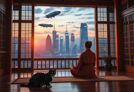 The Setting is a A black cat with a white neck and white feet is curled up in the lap of a meditating Zen Monk, the the monk is meditating at the front on a raised platform in a Zen Buddhist temple made of rich dark woods,  The temple is open and overlooking a futuristic cyberpunk city at dusk in a scene that is both futuristic and traditional Japanese aesthetic, The futuristic cyberpunk skyline with skyscrapers and airships displaying advertisements in Japanese and English, a beautiful young woman, 22 years old, is stretching in yoga poses in the middle of the temple while standing next to the window looking out at the city.  The woman's hair is messy from just waking up.