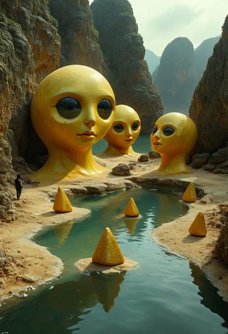 stoneplay69 bizarre sculptures of geometric swooping shapes, the designs make optical illusions that appear to be faces but subtle indications of faces, no eyes, no eyeballs. The scene is in an Thailand countryside 8K  photorealistic precision, bringing clarity to every line and surface. Roberto Bernardi’s crystal-clear reflections in the water mirror the Rock Gold and surrounding buildings, enhancing the peaceful atmosphere. David Kassan’s finely rendered human figures add a quiet, lived-in feeling, infusing the scene with subtle life and movement. Together, they create a tranquil coastal moment.
vivid colors.
detailmaximizer, aidmaMJ6.1,  Movie Still, Film Still, Cinematic, Cinematic Shot, Cinematic Lighting, detailxl, flux-style, midjourneyv6.1