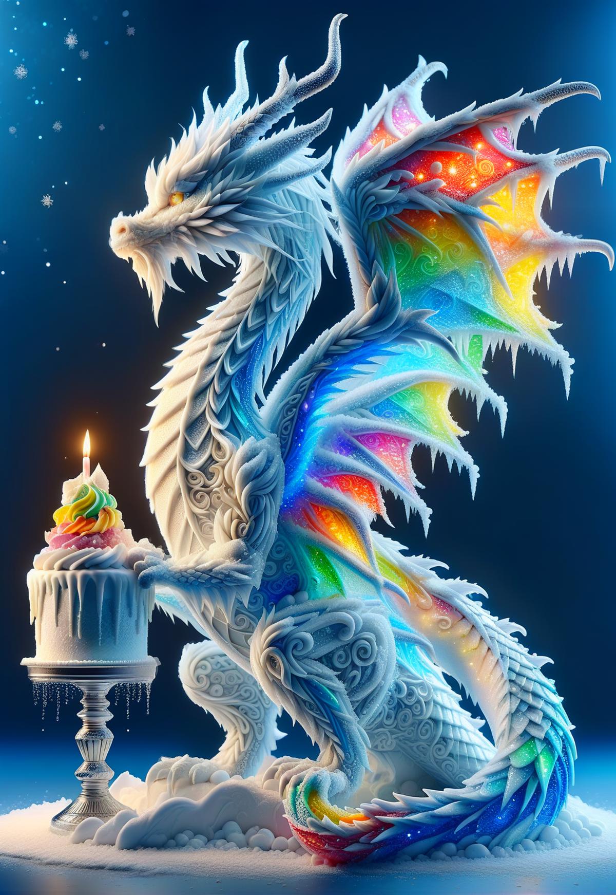 A colorful dragon-themed birthday cake with a lit candle.