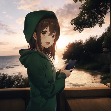 <lora:anime_irl:1>, anime_irl,  a man in a green suit and hat standing next to a tree and looking at his cell phone in the dark, 1girl, :d, bangs, blue sky, brown eyes, brown hair, clouds, dress, eyebrows visible through hair, food, hair between eyes, hair ornament, holding, holding food, hood, hood down, horizon, lantern, looking at viewer, looking to the side, ocean, open mouth, outdoors, railing, sandwich, sky, smile, solo, sunrise, water, white dress, wide sleeves