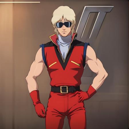 masterpiece,high quality,solo,
<lora:quattrovageena001:0.7>,
quattrovageena,1man,
blonde hair,blue eyes,sunglasses,
turtleneck,uniform,jacket,sleeveless,red gloves,
belt,red pants,