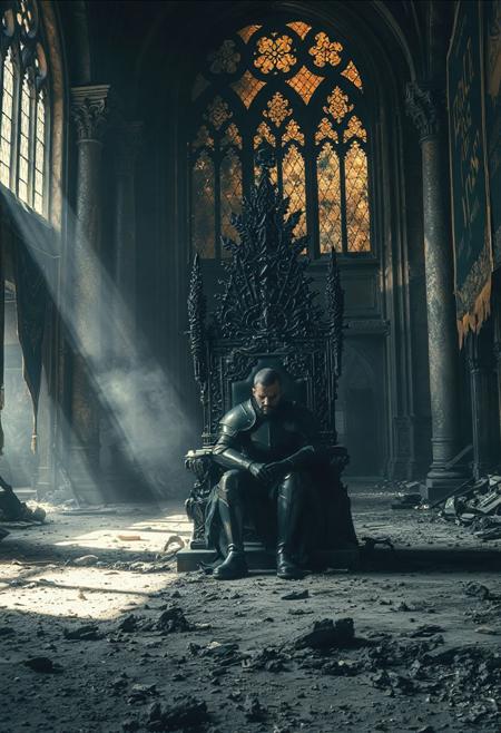 “A dark knight sits alone inside a grand, ruined throne room. The throne is ornate, black and gold, untouched and regal. The knight’s obsidian-black armor gleams like polished marble, yet he sits hunched forward, face buried in his hands, consumed by sorrow. The floor is covered in ash, remnants of destruction and regret. Broken pillars, torn banners, and scattered embers line the room. Faint light filters through cracked stained-glass windows, casting long shadows. The air is thick with dust and silence. It feels like time has stopped. Cinematic 4K, ultra-detailed, dark fantasy, melancholic, gothic architecture, chiaroscuro lighting.”