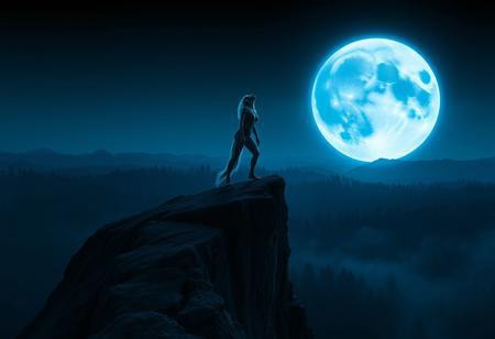Masterpiece, best quality, highres, 8K, HDR, absurdres, cinematic lighting, electric blue glow, full moon, nighttime ambiance. From a high vantage point in the wilderness, the frame captures a dramatic scene bathed in deep night blues and shadows. Atop a jagged cliff stands a lone werewolf woman mid-howl, her silhouette stark against the glowing full moon that looms massive in the sky. Her form is both feral and feminine lean muscular limbs, elongated claws, arched spine, and wild silver-blue fur that glimmers faintly under the moonlight. Her long hair blends seamlessly into her mane, and her face is frozen in a powerful howl, sharp fangs exposed, glowing eyes aimed skyward. The moon dominates the top portion of the image, its surface crisp and detailed, casting an ethereal electric-blue sheen across the entire scene. The cliff drops steeply into a dark, mist-laced forest below, untouched and silent, adding to the vast sense of isolation. Wind whips her fur and the surrounding grass, adding motion and tension to the scene. She is primal beauty and wild sorrow, framed by nature’s untamed majesty.